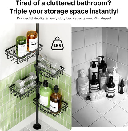 Shower Tension Rod Organizer, 6 Tier Rustproof Corner Shower Caddy Tension Pole with Soap Holder & Hooks, Adjustable 30-121 Inch Bathroom Shelf for Renters - Family Stand Storage Rack, Black5