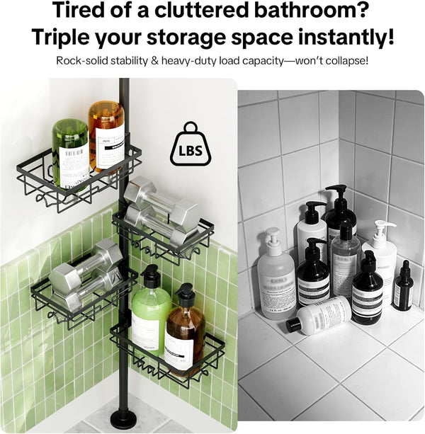 Shower Tension Rod Organizer, 6 Tier Rustproof Corner Shower Caddy Tension Pole with Soap Holder & Hooks, Adjustable 30-121 Inch Bathroom Shelf for Renters - Family Stand Storage Rack, Black5