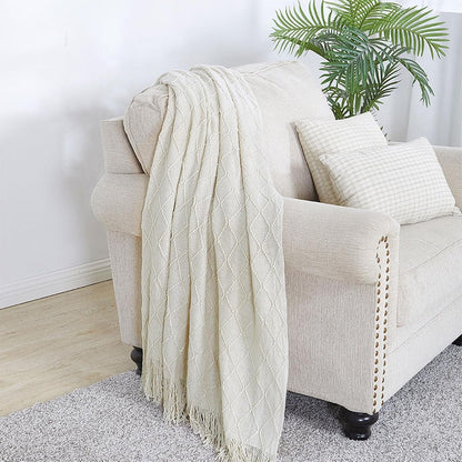 Beige Throw Blanket 50X60 Inch Boho Knitted Soft Throw Sofa Blanket | Knitted Throw Blanket 50X60 Inches, Soft Lightweight Boho Weave Throw Decorative Couch Blanket for Living Room Bedroom Chair2