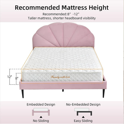 Pink Bed Frame Full Size, Aesthetic Upholstered Bed with Unique Seashell Headboard, Soft Velvet Platform Bed, Strong Wooden Slats Support, No Box Spring Needed, Heavy Duty, Easy to Assemble7