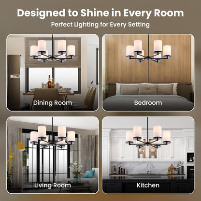 Black Chandelier, Modern 6-Light Dining Room Light Fixture over Table with Frosted Glass Shades, Farmhouse Kitchen Chandelier Ceiling Lighting for Living Room, Bedroom, Entryway, Height Adjustable6
