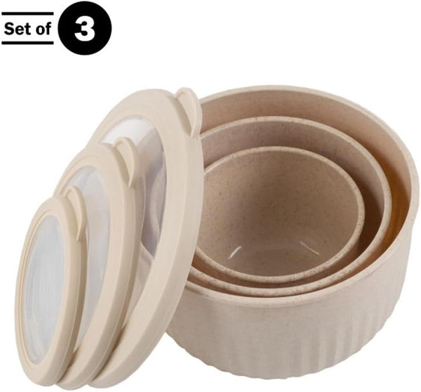 Bowls with Lids, Beige, Set of 3, 7”/5.5”/4.25”3