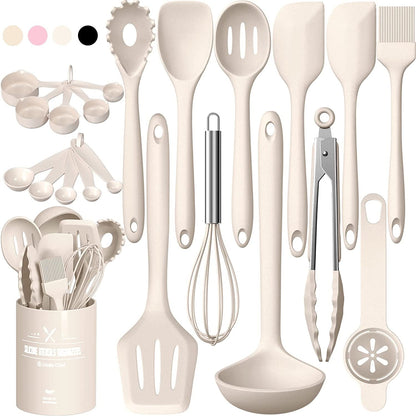 22-Piece Silicone Cooking Utensils Set，Heat Resistant & Dishwasher Safe Kitchen Tools, Black Non-Scratch Spatula Set for Nonstick Cookware (Khaki)1