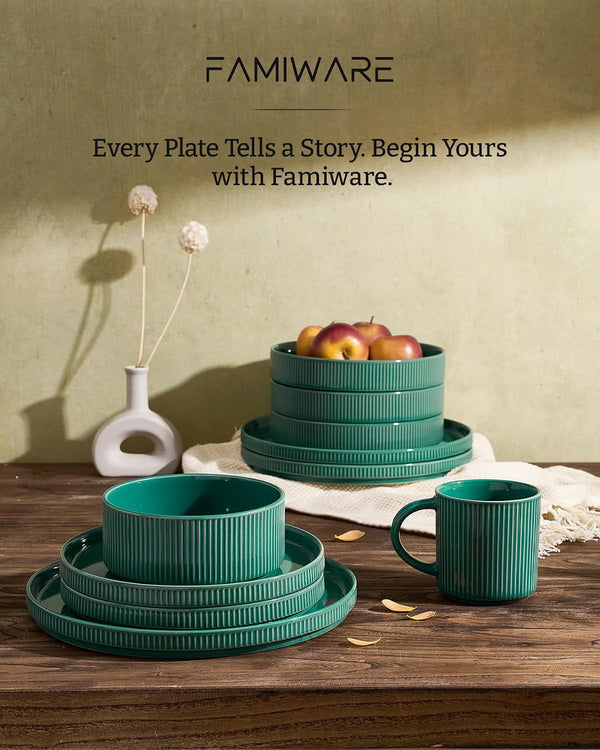 Stoneware Dishes Dinnerware Sets for 6, Ribbed Plates and Bowls8