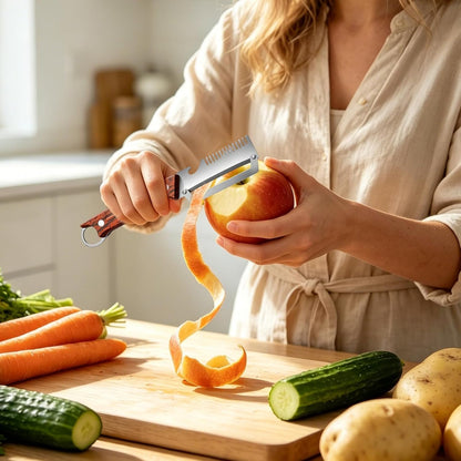Multifunctional 3-In-1 Vegetable Peeler & Julienne Slicer, Stainless Steel Blade with Ergonomic Wood Handle for Efficient Peeling, Grating, Slicing (2 Pack)7
