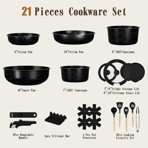 21Pcs Pots and Pans Set Non Stick, Nonstick Ceramic Cookware Sets Detachable Handle, Non Toxic Healthy Induction Cookware, Kitchen Cooking Set, with Frying Pans Set, Dishwasher/Oven Safe2