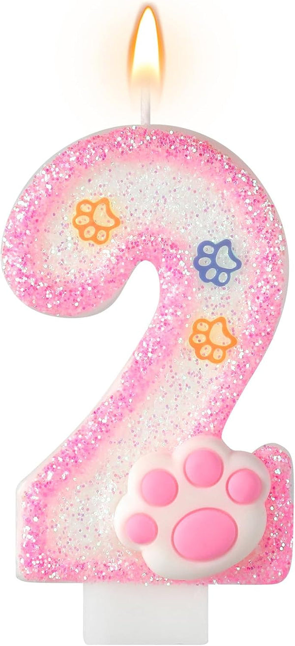 Dog and Cat 2Nd Birthday Candle Pink Numbers 2 Candle Paw Cake Topper Cupcake Decorations for Pet Theme Party Decor Anniversary Celebrations Supplies1