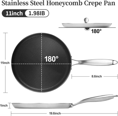 11 Inch Nonstick Crepe Pan, Stainless Steel Pancake Pan-Silver | Honeycomb Coating, Pfoa-Free.Compatible with All Stoves,Stay-Cool Handles.Oven Safe&Dishwasher Safe5