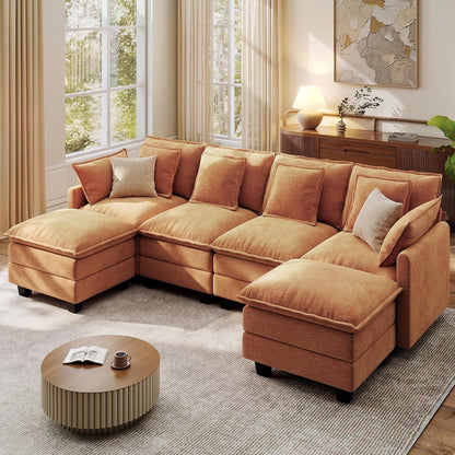 107" Modular Sectional Cloud Sofa, U Shaped 6 Seat Chenille Couch with Movable Ottomans and 48" Deep Seat, Convertible Couches for Living Room, Orange1
