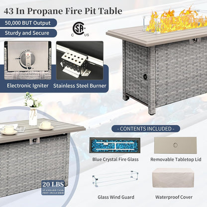 Patio Furniture Set 7 Piece Grey Wicker Outdoor Conversation Sets PE Rattan Sectional Sofa with Propane Fire Pit Table and Anti-Slip Navy Blue Cushion5