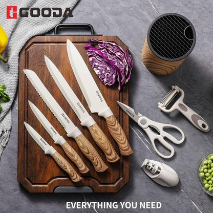 Knife Set, 9 Piece Kitchen Knife Set with Block and Sharpener, Anti-Rust Stainless Steel Cooking Knives Set for Kitchen, Chef Knife Block Set2