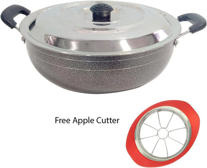 Kadai Wok Pan Stir Fry Skillet with SS Lid for Healthy Cooking Nonstick Kadhai Heat Resistant Handle Ideal for Stir Frying and Deep Frying with Apple Cutter Combo Set2