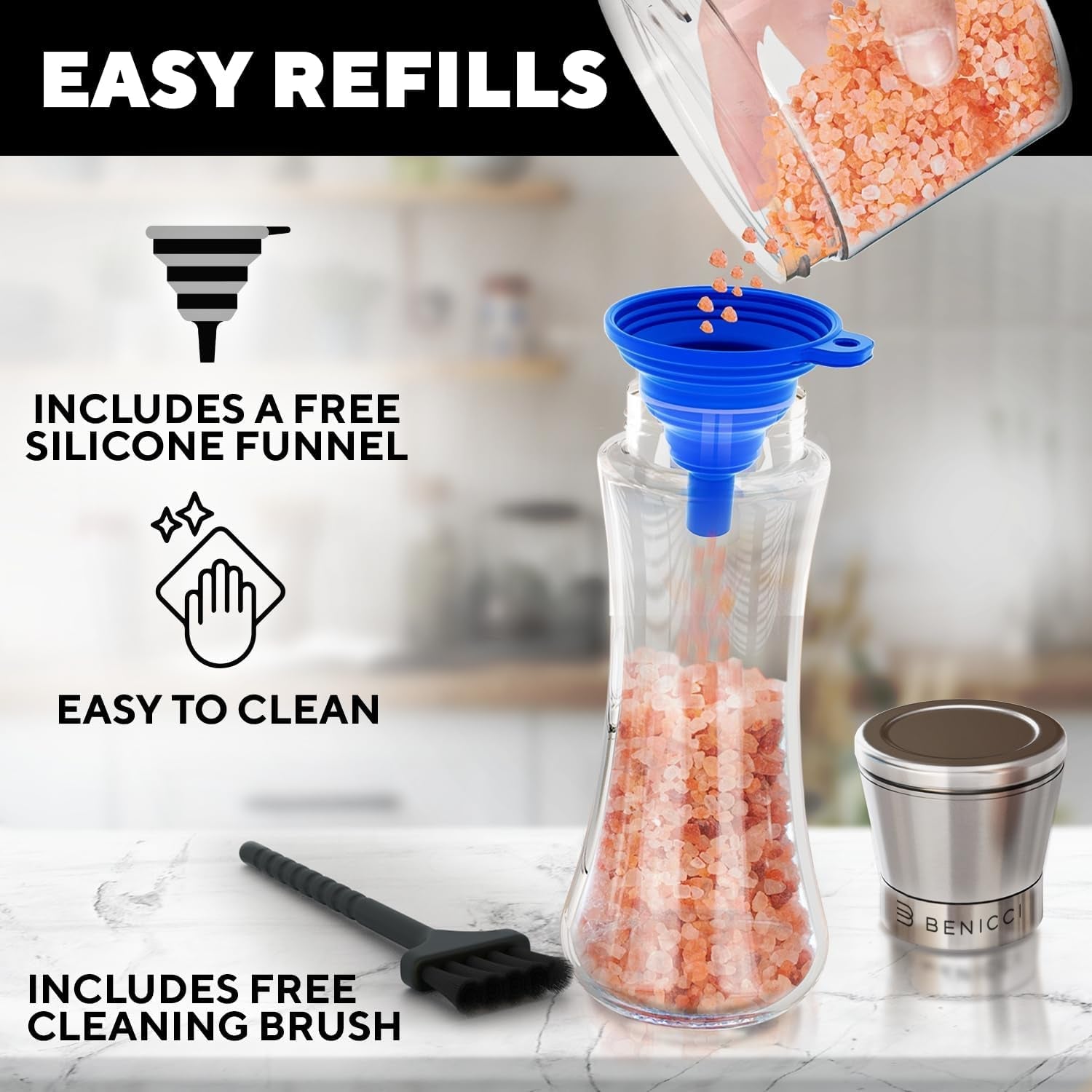 manual-salt-and-pepper-grinder-set-of-2-refillable-stainless-steel-mills-adjustable-coarse-to-fine-ceramic-burr-easy-clean-wide-mouth-design-includes-silicone-funnel-plus-cleaning-brush-no-mess