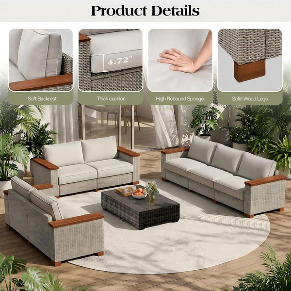 6-Piece Wicker Patio Furniture Set with Solid Wood Armrest, Outdoor Patio Set with Thick Legs, Uv-Resistant Modular Outdoor Sectional Sofa for Backyard, Porch, Garden4