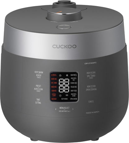 CUCKOO Twin Pressure Rice Cooker, 12-Cup Cooked, Gray, CRP-ST0609FG | 6-Cup Uncooked Capacity, Nonstick Inner Pot, 14 Cooking Modes, Super Turbo Rice in 14-21 Minutes, Auto Clean, Made in Korea1