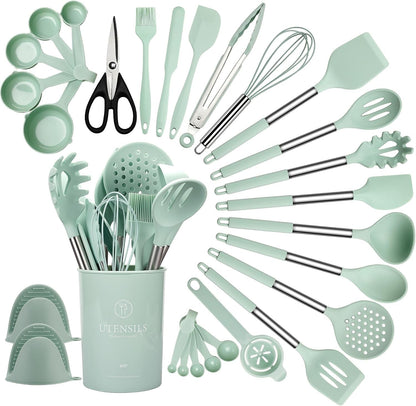 Silicone Cooking Utensils Set, 28 Pcs Non-Stick Kitchen Utensils Set with Holder, 446°F Heat Resistant Spatula, Tongs, Spoons Set with Stainless Steel Handle Kitchen Gadgets (Light Green)1
