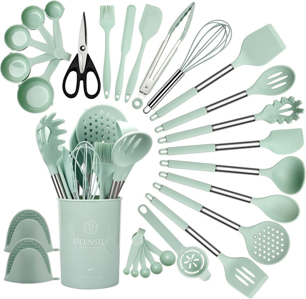 Silicone Cooking Utensils Set, 28 Pcs Non-Stick Kitchen Utensils Set with Holder, 446°F Heat Resistant Spatula, Tongs, Spoons Set with Stainless Steel Handle Kitchen Gadgets (Light Green)1