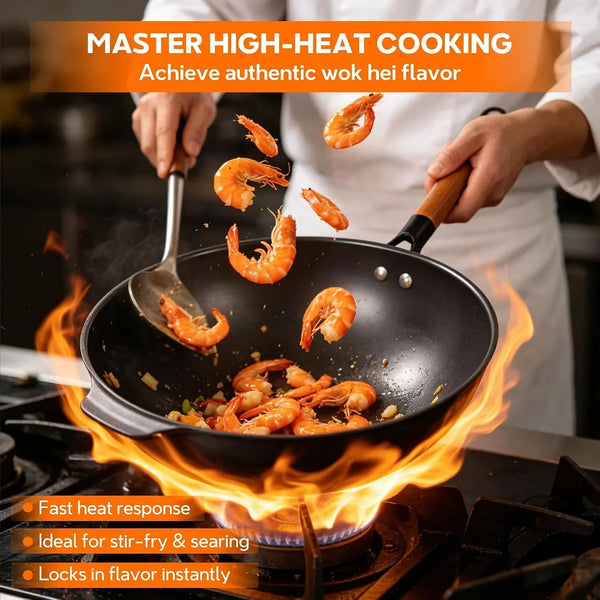 11.8-Inch Carbon Steel Wok, Pre-Seasoned with Advanced Nitriding Technology, Flat Bottom Stir Fry Pan, Lightweight Nonstick Surface, All Cooktops Compatible for Stir Fry, Pan-Fry, Steam, BBQ & Camping3