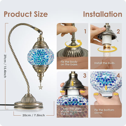 Turkish Moroccan Lamp with Bronze Base 3 Color Options Handmade Swan Neck Mosaic Glass Bedside Lamps for Bedroom (LED Bulb Included)(Blue2)6
