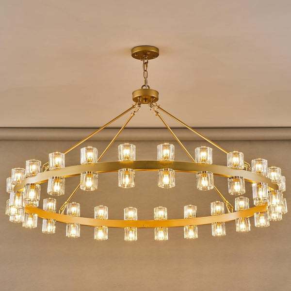 48 Inch Gold Wagon Wheel Chandelier with Crystal Shade, 48 Lights, Large round Modern Farmhouse Style, Perfect for High Ceiling, Dining Room, Kitchen, Entryways, Foyer1