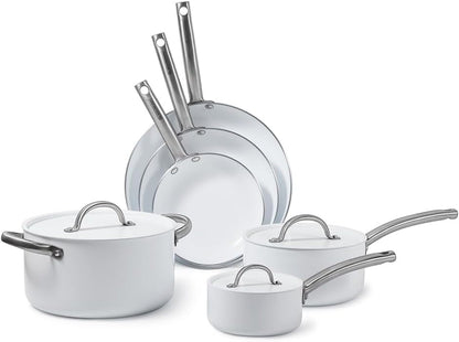 BLACK+DECKER 9-Piece Ceramic White Aluminum Cookware Set, BDK140W | Pots and Pans Set with Ceramic Non-Stick Coating, Kitchen Set with Stainless Steel Handles, Flat Aluminum Lids, Oven Safe1