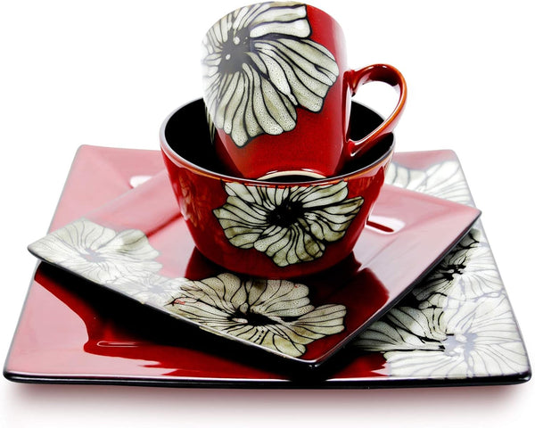 'S Luxurious Red Winter Bloom 16 Piece Dinnerware Set with Complete Settign for 43