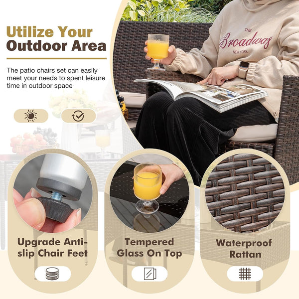 4 Pieces Outdoor Patio Furniture Set, Rattan Chairs, Brown & Beige3