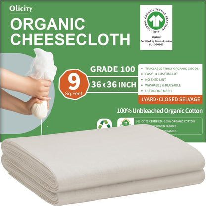 Organic Cheese Cloths, GOTS Certified, 36X36Inch, Reusable Cheese Cloth | Grade 100 Closed Edges Fabric Fine Mesh Cloth, Unbleached Cotton Muslin Cheesecloth for Straining, Cooking, Crafts - 9 Sq.Ft1