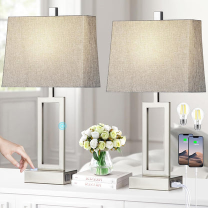 23.5" Touch Control Table Lamps Set of 2, Modern Silver Bedside Lamps with USB A+C Ports & AC Outlet, 3 Way Dimmable Contemporary Nightstand Lamps for Bedroom Living Room(2 LED Bulb Included)9