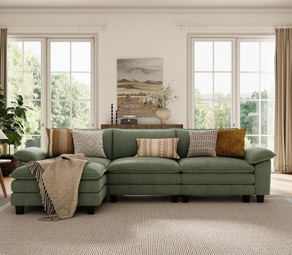 123'' Modular Sectional Sofa 3 Seat Couch Corduroy Cloud Couch with Deep Seat, Modern L-Shaped Cloud Couch with 1 Movable Ottoman for Living Room, Office, Bedroom, Green8