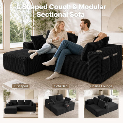95"Boneless Couch, L Shaped Couch with Chaise & Cup Holders & Pocket5