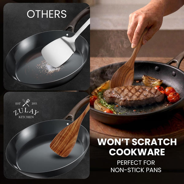 Extra-Large 6-Piece Wooden Spoon Set - Smooth Teak Cooking Utensils - Comfort-Grip Non-Stick Turner, Spatula, Skimmer, Fork, Serving Spoon8