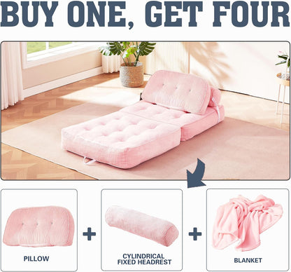 Folding Sofa Bed, Flannel Futon Couch Bed with Pillow and Blanket, Convertible Sleeper Chair for Living Room Bedroom, Pink9
