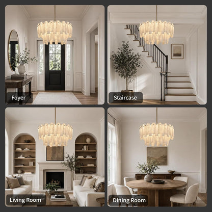 Alabaster Chandelier, 24" Spanish Alabaster round Chandeliers 2-Tier,Modern Adjustable Gold Marble Pendant Chandeliers for Dining Room, Living Room, Bedroom,Foyer,Bathroom, Included E12 Bulb8