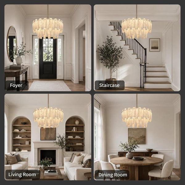 Alabaster Chandelier, 24" Spanish Alabaster round Chandeliers 2-Tier,Modern Adjustable Gold Marble Pendant Chandeliers for Dining Room, Living Room, Bedroom,Foyer,Bathroom, Included E12 Bulb8