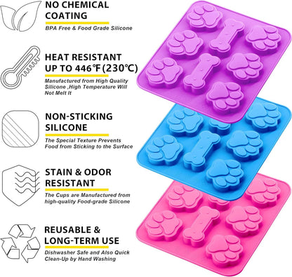 3 Pack Silicone Molds with Puppy Dog Paw and Bone Shaped 2 in 1, Reusable Non-Stick Ice Cube Trays & Flexible Candy Chocolate Molds for Homemade Dog Treats, Pudding, Jelly & Baking Biscuits7