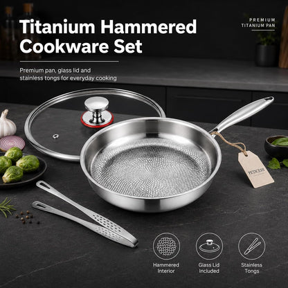 10Inch Titanium Pro Pans for Cooking, Titanium Frying Pan with Lid | Uncoated Hammered Cookware, Pfas-Free & No Coating, Oven & Induction Safe, Scratch-Resistant, Even Heating, Dishwasher Safe8