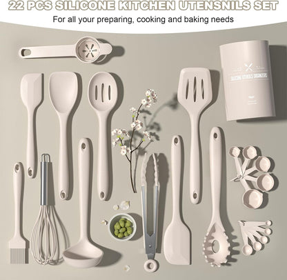 22-Piece Silicone Cooking Utensils Set，Heat Resistant & Dishwasher Safe Kitchen Tools, Black Non-Scratch Spatula Set for Nonstick Cookware (Khaki)5