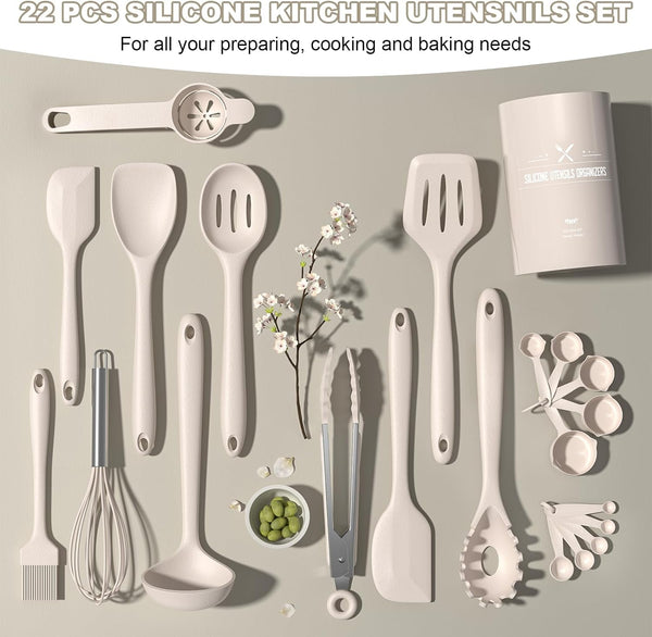 22-Piece Silicone Cooking Utensils Set，Heat Resistant & Dishwasher Safe Kitchen Tools, Black Non-Scratch Spatula Set for Nonstick Cookware (Khaki)5