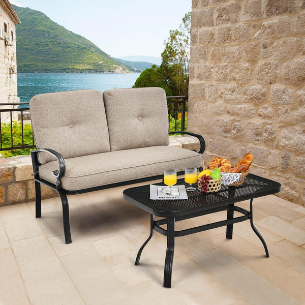 Patio Loveseat with Table Set, 2 Seat Cushioned Sofa with Coffee Table, Patio Conversation Sofa Set with Rustproof Frame, 2 Pieces Outdoor Furniture Set for Garden, Poolside, Balcony (Beige)2
