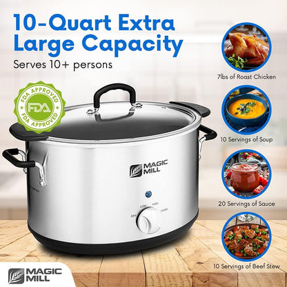 Extra Large 10 Quart Slow Cooker with Metal Searing Pot & Transparent Tempered Glass Lid2