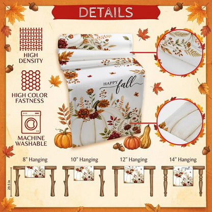 White Pumpkins Fall Table Runner 72 Inches Long, Thanksgiving Kitchen Dining Table Decoration, Autumn Floral Botanical Coffee Tablerunner Dress Scarves Farmhouse Décor for Party, Holiday, 13 X 726