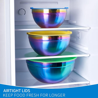 Rainbow Mixing Bowls with Airtight Lids,Stainless Steel Bowl,Salad Bowls 4 Piece Colorful Nesting Bowl Rainbow Kitchen Accessories,Size 5.5,3.6,2.1,1.5 QT Stackable Design7