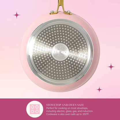 Iconic Nonstick Pots and Pans Set, Multi-Layer Nonstick Coating, Matching Lids with Gold Handles, Made without PFOA, Dishwasher Safe Cookware Set, 10-Piece, Pink6
