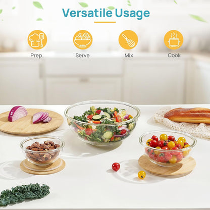 3 Pack Glass Mixing Bowls with Bamboo Lids, Nesting Set4