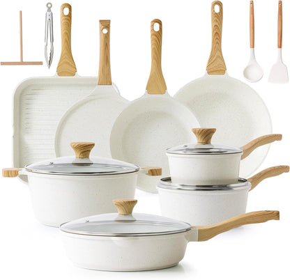 23 PCS Nonstick Ceramic Cookware Set, PFAS/PFOA Free, Induction | Non Toxic Pots and Pans, Healthy Kitchen & Home Cooking Set with Stay-Cool Handles, Silicone Tools and Pot Protectors, White1