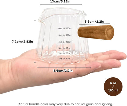 Espresso Cups 6 OZ, Double Spout Espresso Shot Glass with Wooden Handle, Clear Glass Measuring Cup for Espresso Shots & Milk, Espresso Accessories for Coffee Machine3