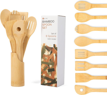 Bamboo Spoons for Cooking - Set of 8 Spoons with Holder - Wooden Cooking Spoons - Non-Toxic & Organic Bamboo Cooking Utensils with Spoon Set & Spatula - Premium Kitchen Utensils1