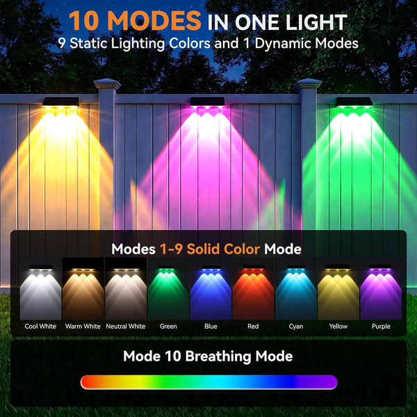 Solar Fence Lights Outdoor 10 Pack, Upgraded Brightness 3X LED Lens Fence Lights Solar Powered, 9 Fixed Colors & RGB Lights, IP65 Waterproof Solar Lights for outside Backyard/Railing/Step/Patio3