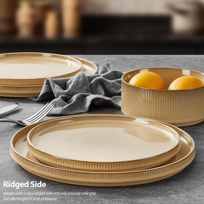 16 Piece Dinnerware Sets with Double Bowls, Ceramic Plates and Bowls Set for 4, Ribbed Stoneware Dishes, Microwave and Dishwasher Safe, Dune Khaki3